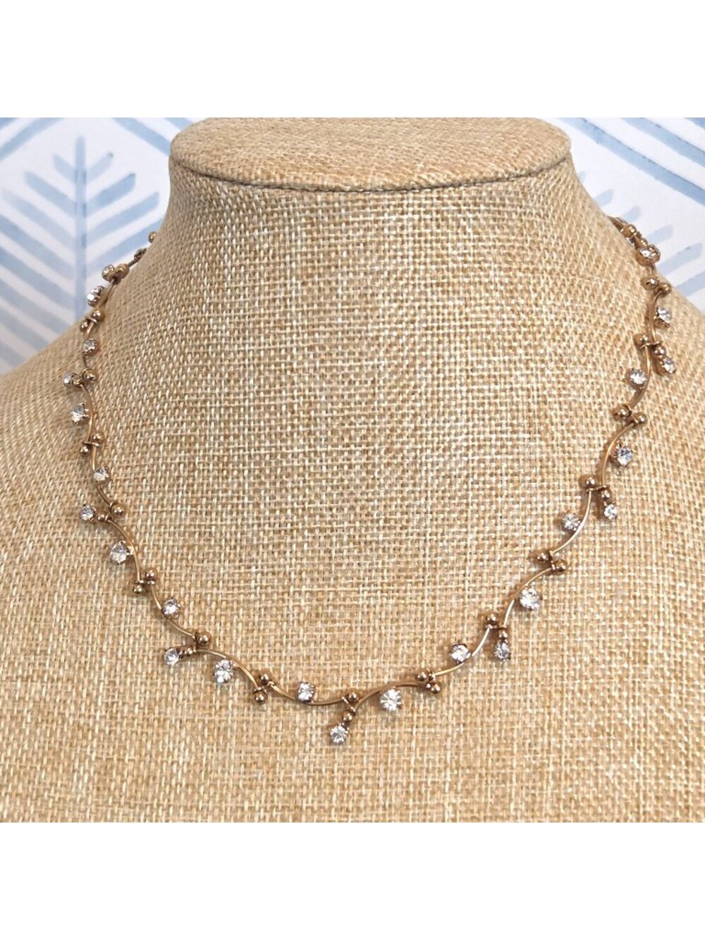 Monet Vintage Curvy Gold Tone Bar Link Clear Rhinestone 16" Chain Necklace
